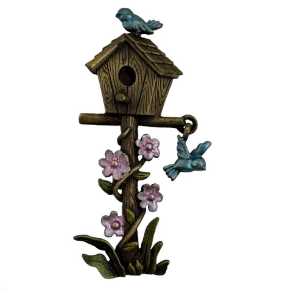 JJ Jonette Birdhouse Brooch Vintage Dangling Birds Enamel Pin Signed